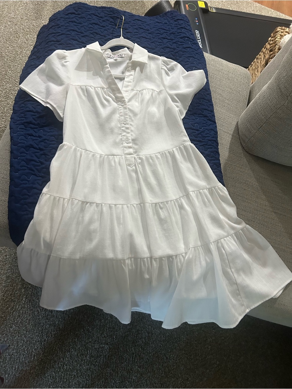 Joy Joy White Tiered Short-Sleeve Button-Front Dress